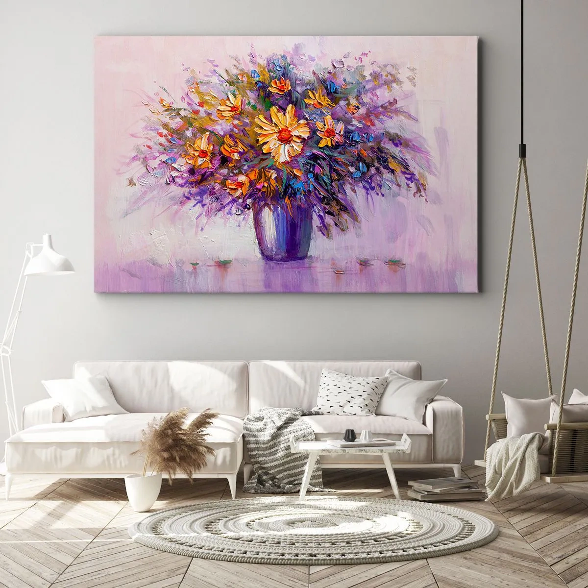 Canvas picture - A bouquet of flowers in a vase on a pastel background - 70x50cm - Smells Sweet, Looks Sweet - Modern wall decoration for the living room and bedroom ARTTOR