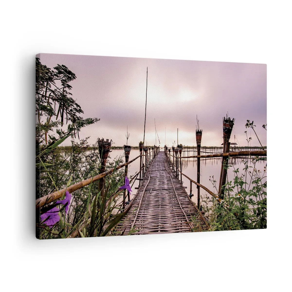 Canvas picture - Bamboo bridge over the water at dawn - 70x50cm - Peace and Quiet of Asia - Modern wall decoration for the living room and bedroom ARTTOR