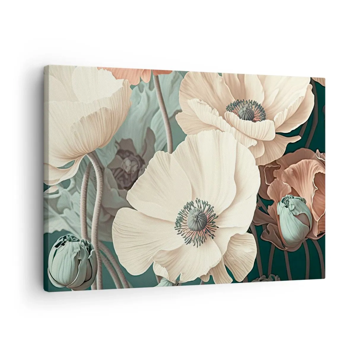 Canvas picture - Elegant flowers in pastel shades on a green background - 70x50cm - Whisper of the Poppies - Modern wall decoration for the living room and bedroom ARTTOR