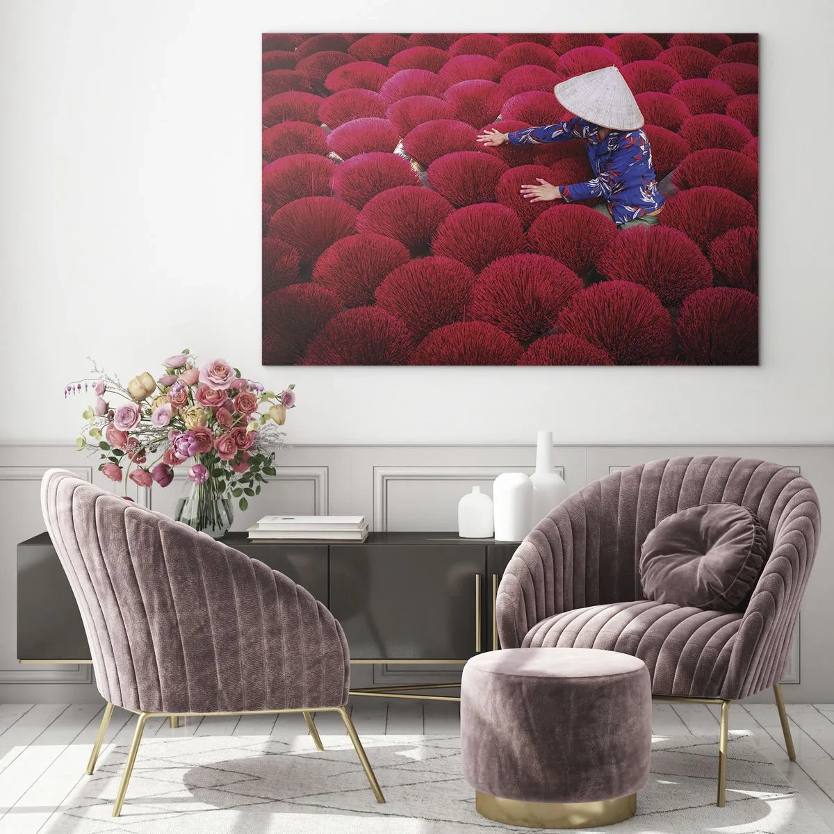 Glass picture - A worker among red incense sticks against a pattern background - 70x50cm - In the Rice Field - Modern wall decoration for the living room and bedroom ARTTOR
