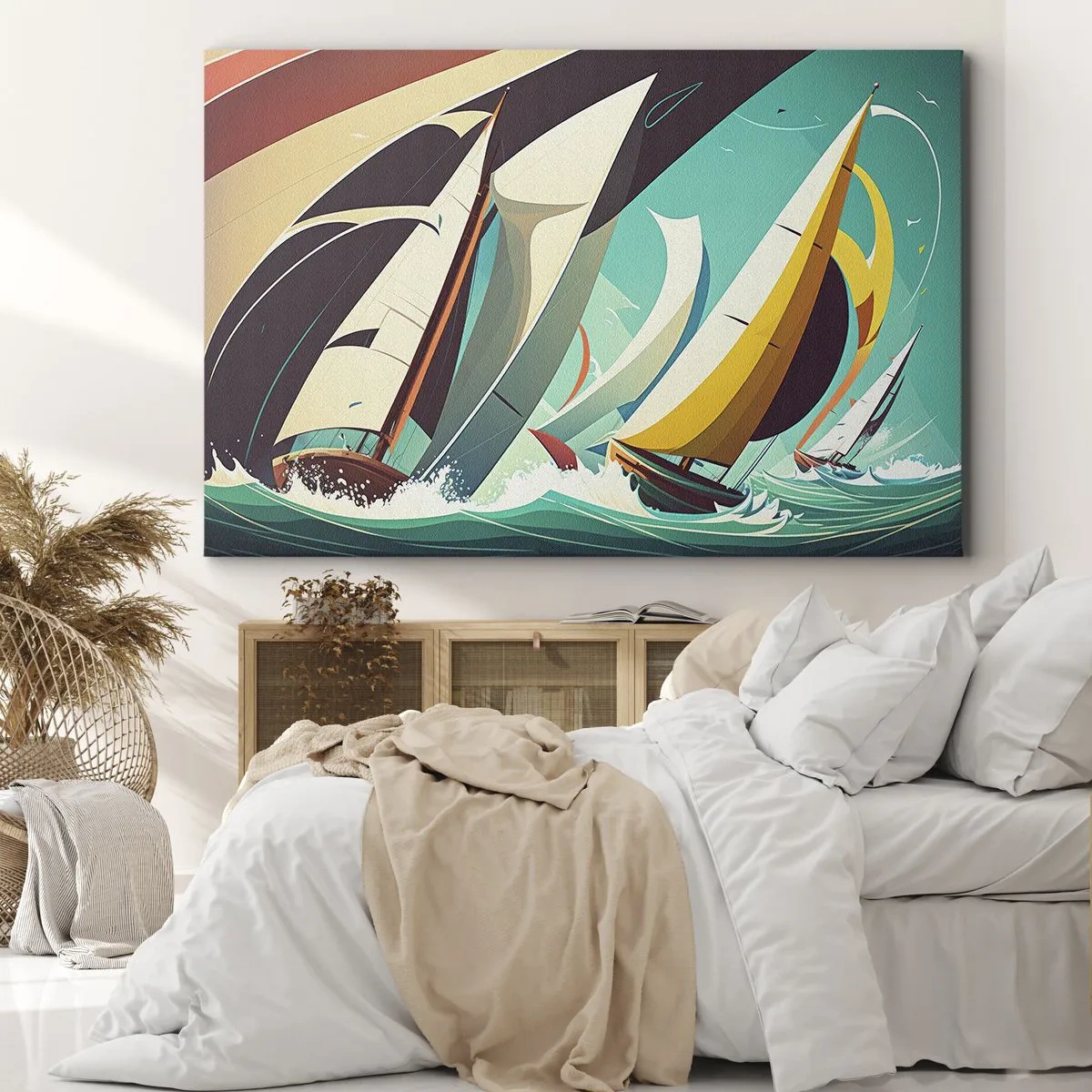 Canvas picture - A dynamic illustration of sailboats in a stormy sea. - 70x50cm - Standing Up to Elements - Modern wall decoration for the living room and bedroom ARTTOR