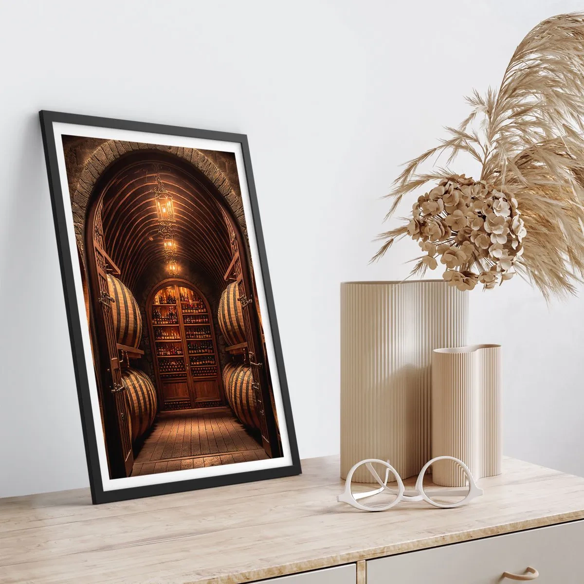 Poster in black frame - Elegant wine cellar with wooden barrels - 50x70cm - Atmospheric Cellar - Modern wall decoration for the living room and bedroom ARTTOR
