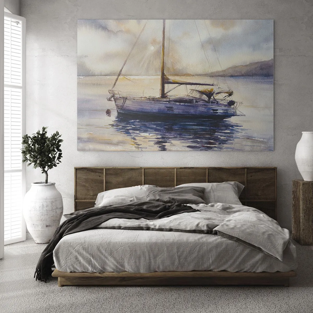 Glass picture - A yacht moored in a quiet bay at dusk - 70x50cm - Evening in Harbour - Modern wall decoration for the living room and bedroom ARTTOR