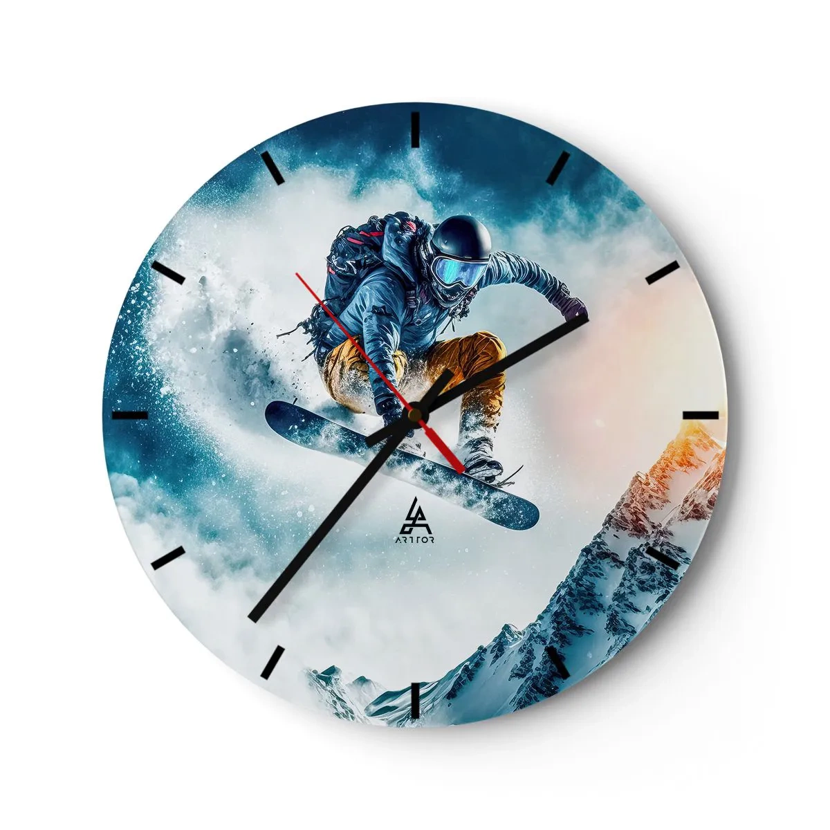 Wall clock - Clock on glass - A snowboarder in flight against the backdrop of mountains and a snowstorm - 30x30cm - Extreme Emotions - Modern wall decoration for the living room, kitchen, and bedroom ARTTOR