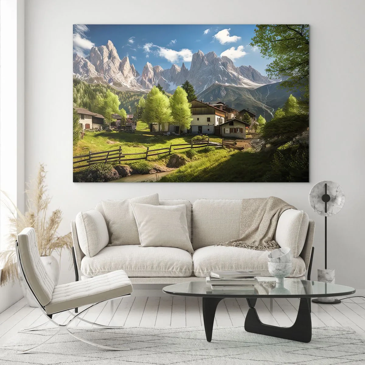 Glass picture - Rural development among greenery at the foot of the Alpine peaks - 70x50cm - Alpine Idyll - Modern wall decoration for the living room and bedroom ARTTOR