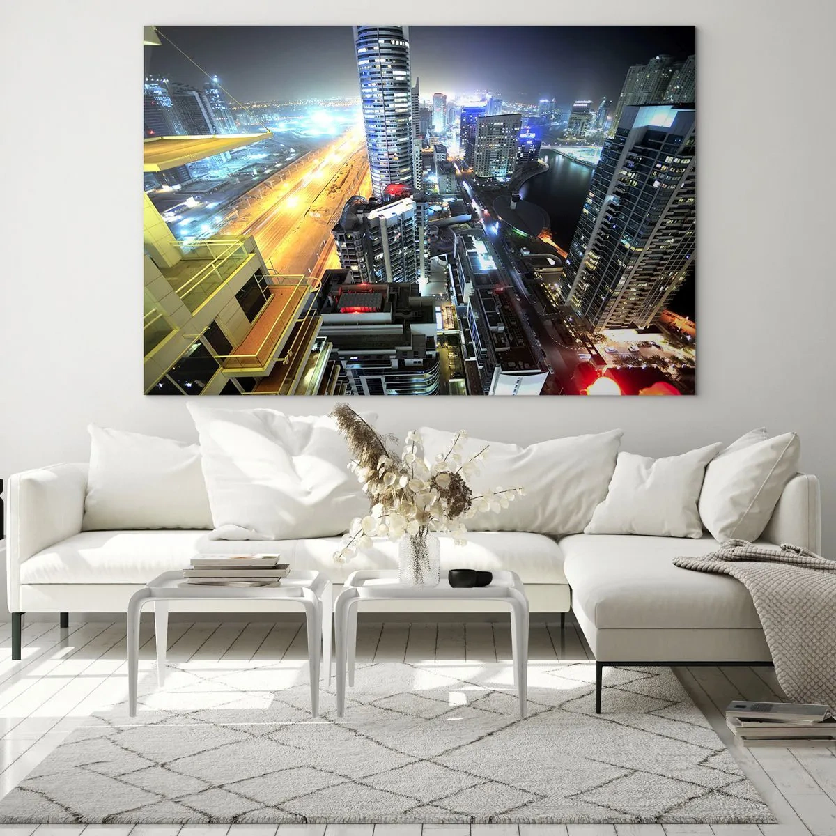 Glass picture - Panorama of the night city with illuminated skyscrapers - 70x50cm - Miracle in the Desert - Modern wall decoration for the living room and bedroom ARTTOR