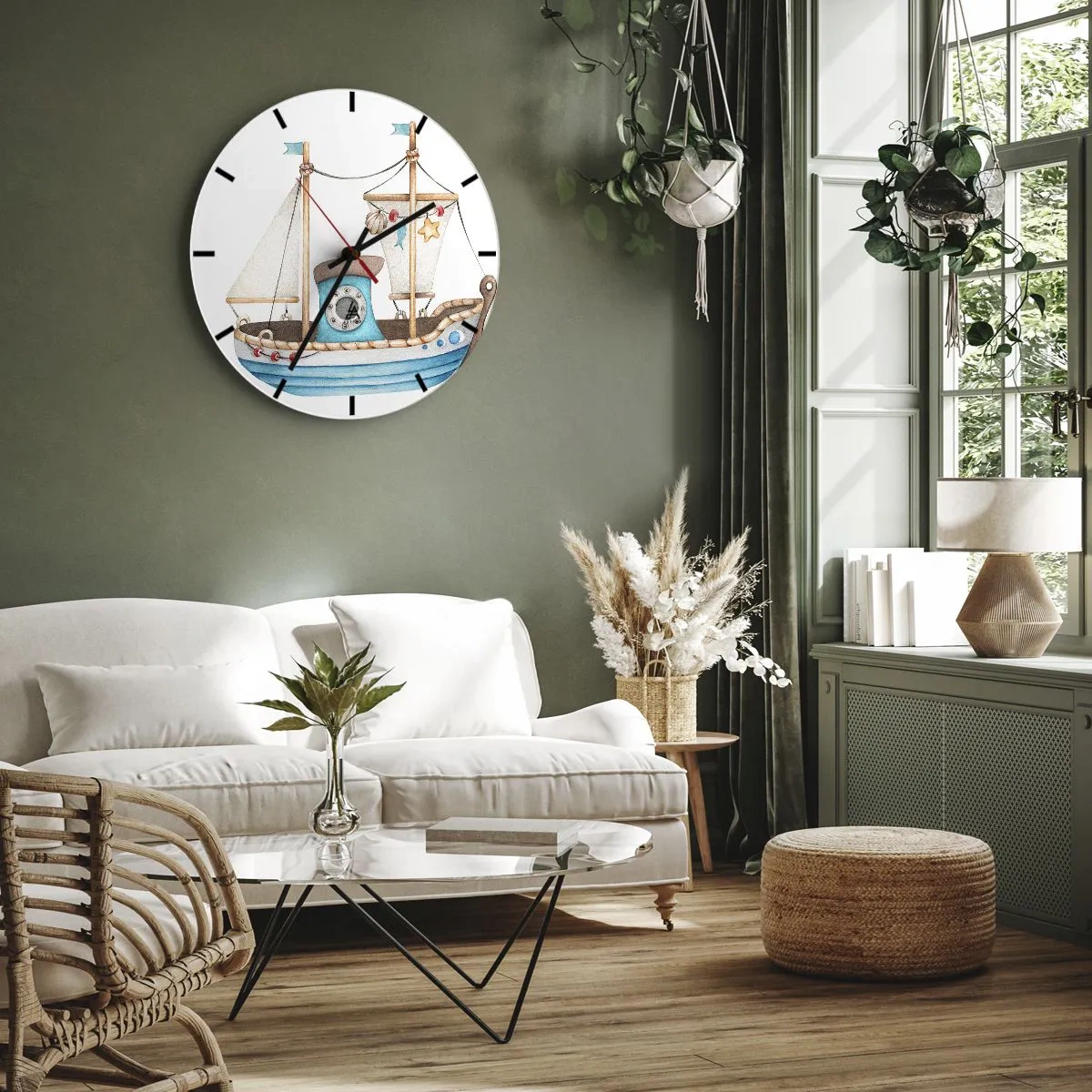 Wall clock - Clock on glass - Illustrated children's sailboat with nautical decorations - 30x30cm - Ahoy, Adventure! - Modern wall decoration for the living room, kitchen, and bedroom ARTTOR