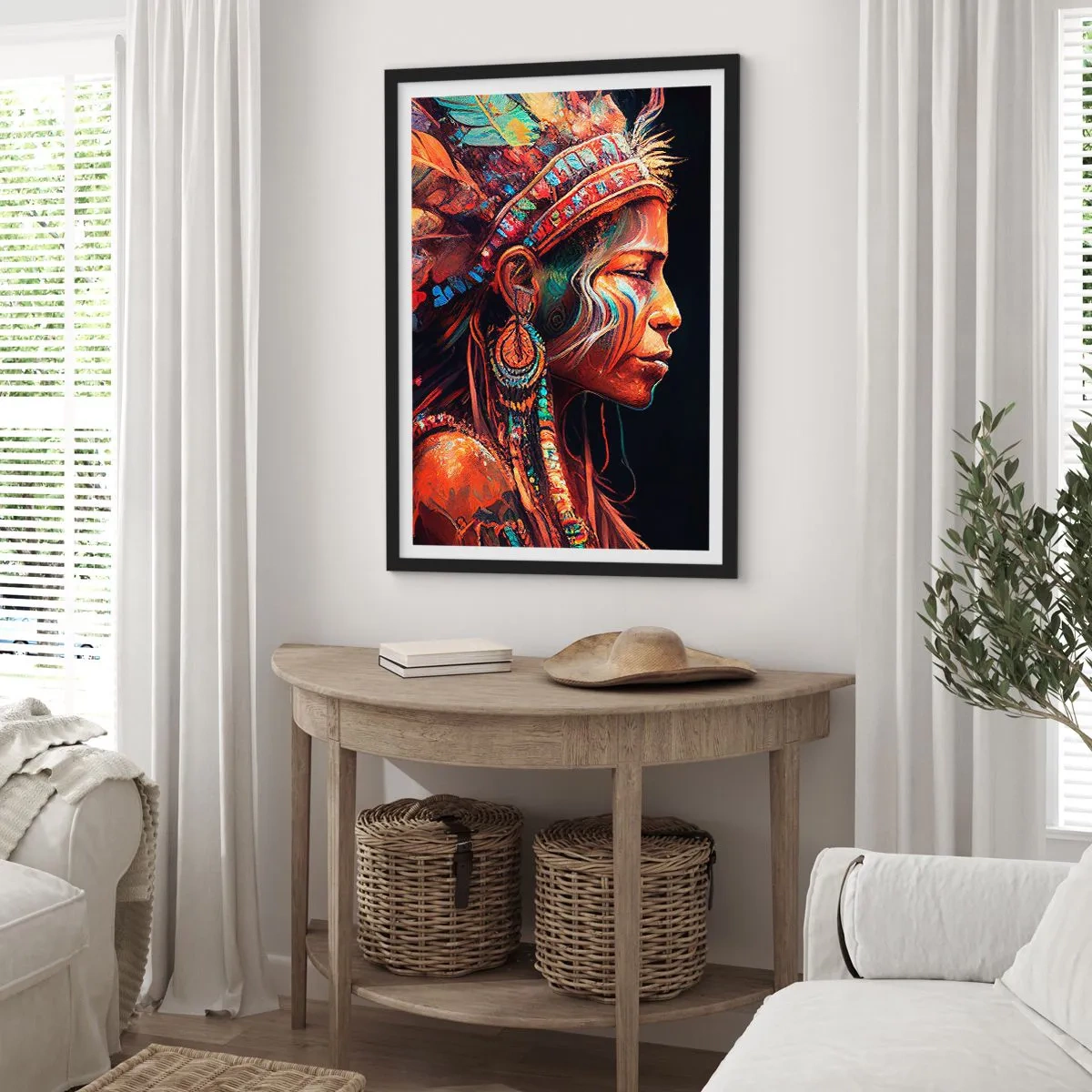 Poster in black frame - Portrait of a woman in a traditional feather headdress - 50x70cm - Magical Ritual - Modern wall decoration for the living room and bedroom ARTTOR