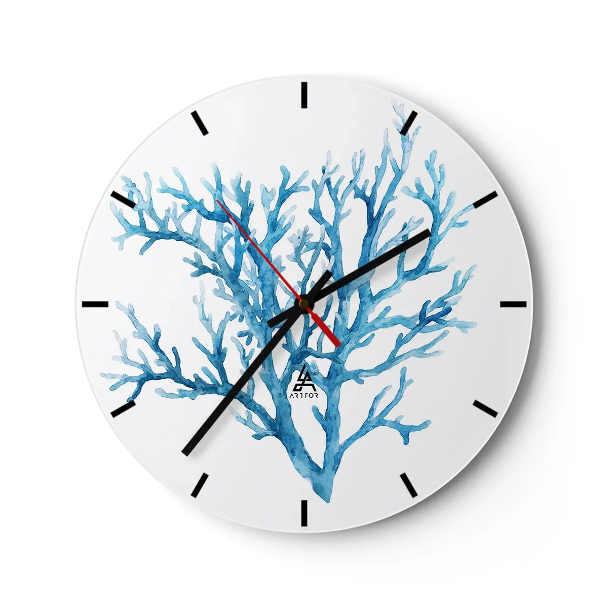 Wall clock - Clock on glass - Illustration of blue coral on a white background - 30x30cm - Sea Filigree - Modern wall decoration for the living room, kitchen, and bedroom ARTTOR