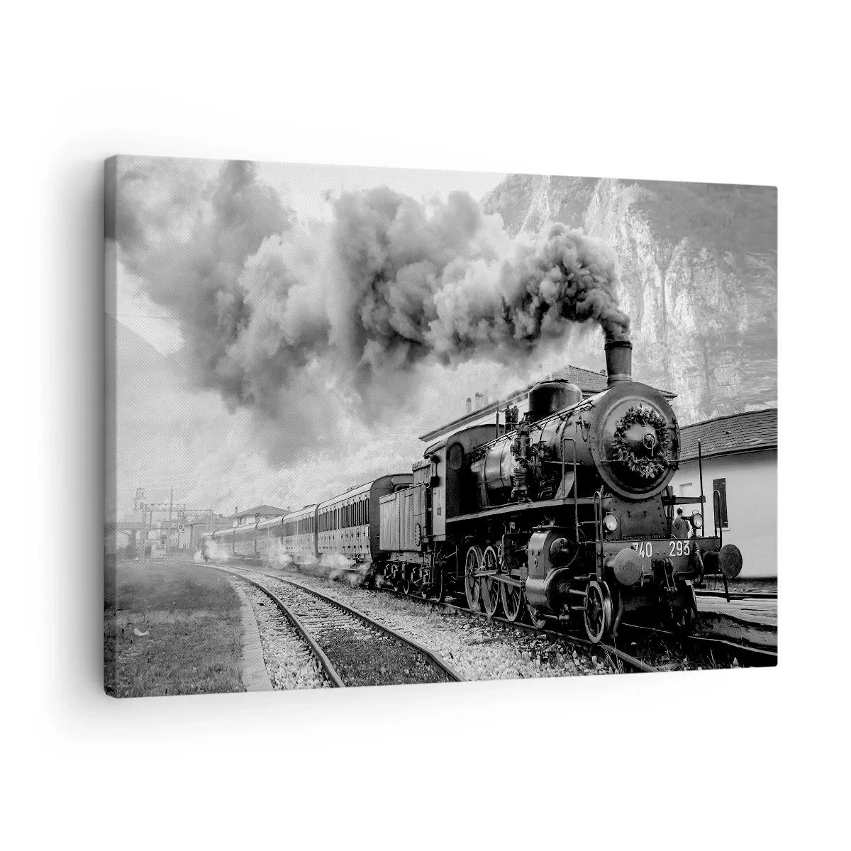 Canvas picture - A black and white steam locomotive against a mountain landscape - 70x50cm - Standing at the Station... - Modern wall decoration for the living room and bedroom ARTTOR