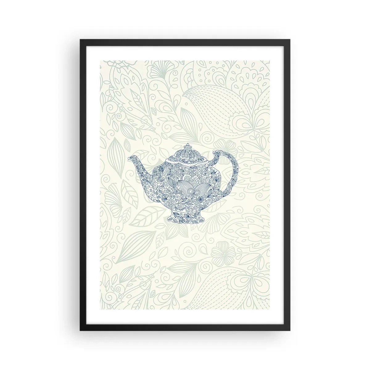 Poster in black frame - A decorative illustration of a teapot with a subtle pattern on a light background. - 50x70cm - Charm of Tea - Modern wall decoration for the living room and bedroom ARTTOR
