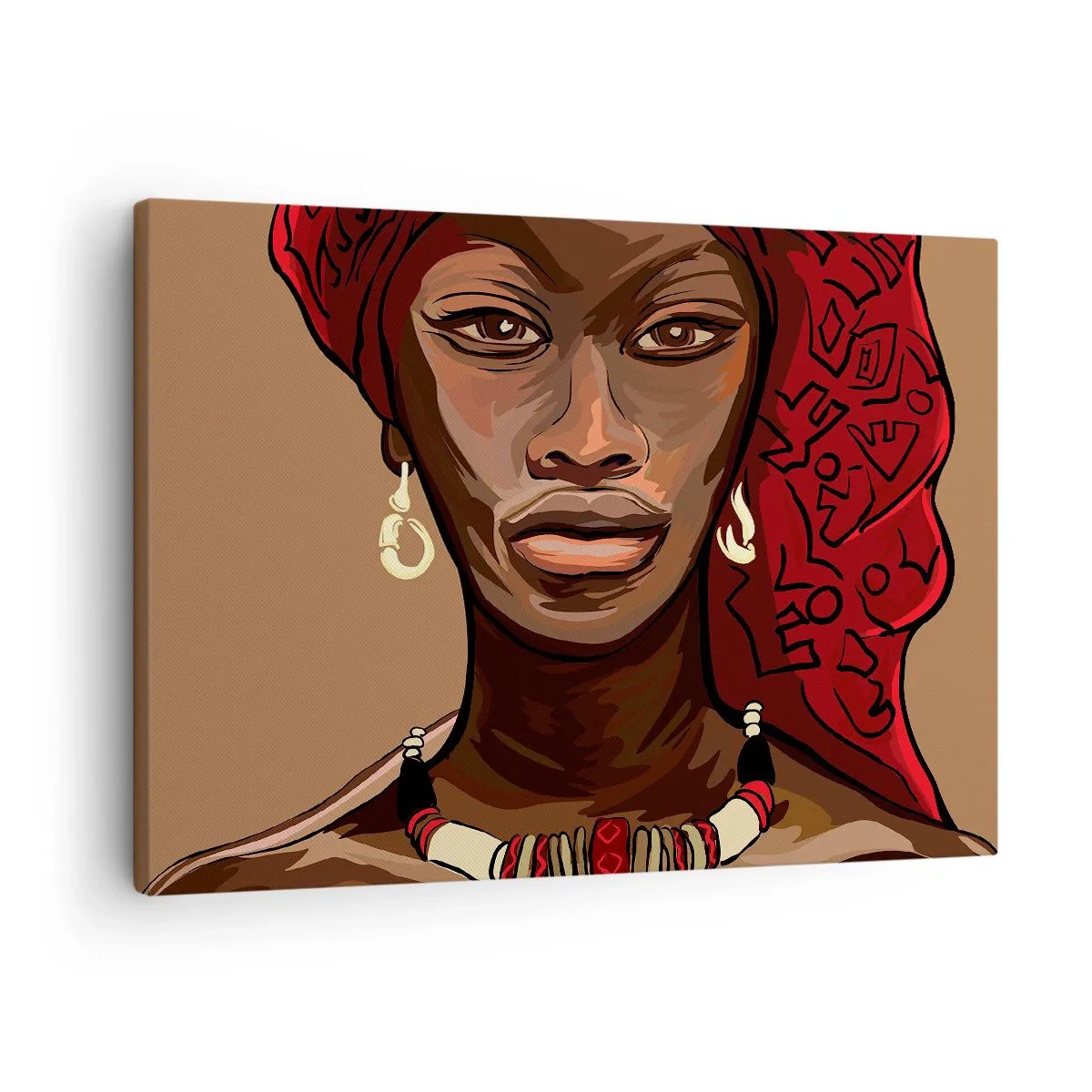 Canvas picture - Portrait of a woman with a red turban on a beige background - 70x50cm - Ebony Venus - Modern wall decoration for the living room and bedroom ARTTOR