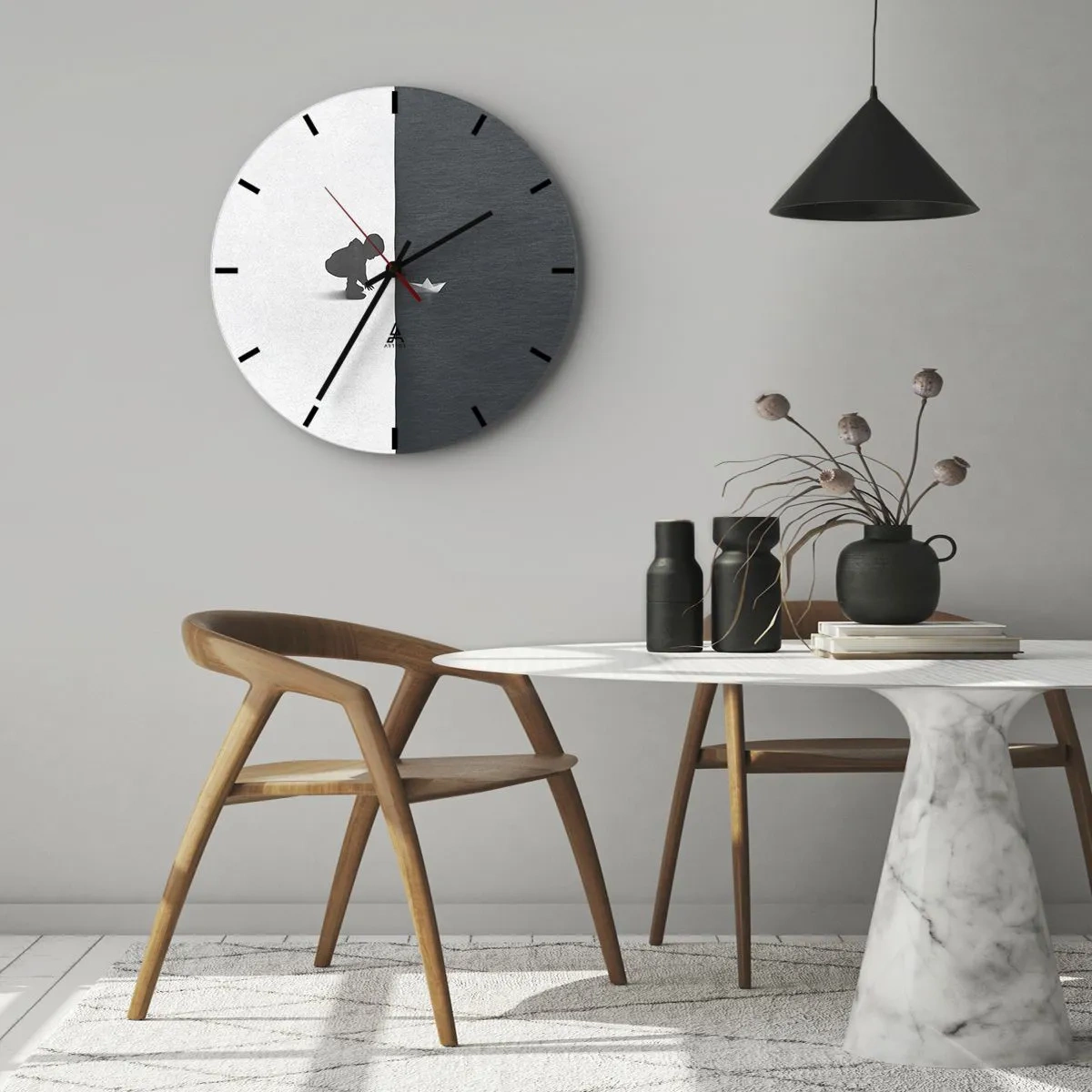 Wall clock - Clock on glass - Silhouette of a child with a paper boat against a contrasting background - 30x30cm - Big Voyage - Modern wall decoration for the living room, kitchen, and bedroom ARTTOR
