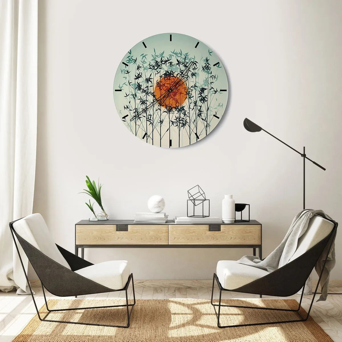 Wall clock - Clock on glass - Bamboo leaves against the orange sun and bright sky - 30x30cm - Japanese Sun - Modern wall decoration for the living room, kitchen, and bedroom ARTTOR