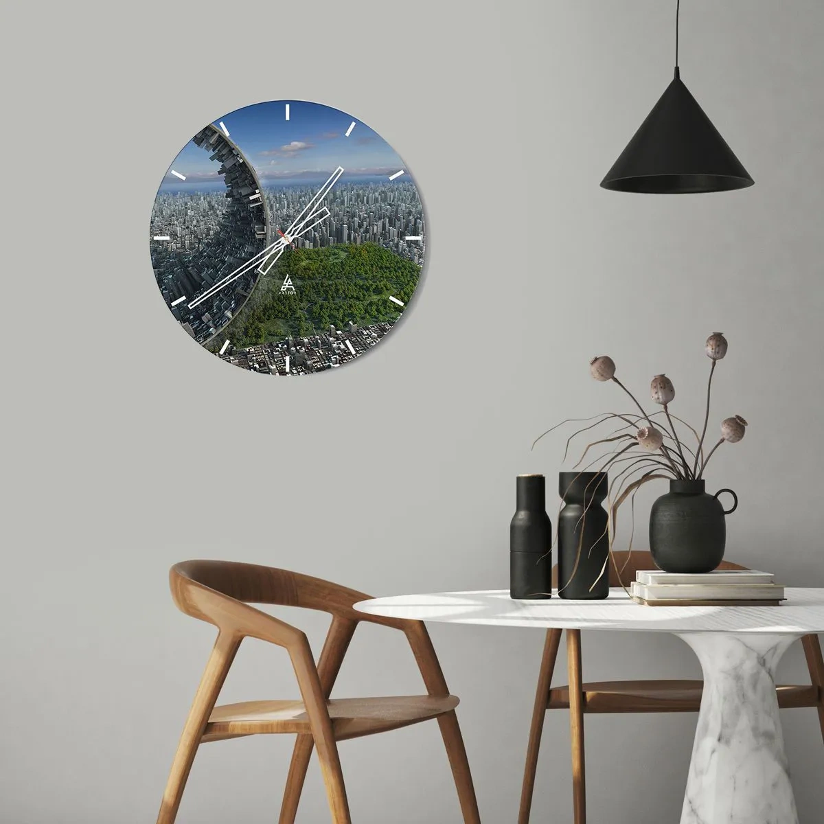 Wall clock - Clock on glass - A futuristic city with a broken structure and greenery in the background. - 30x30cm - Nature Is Eternal - Modern wall decoration for the living room, kitchen, and bedroom ARTTOR