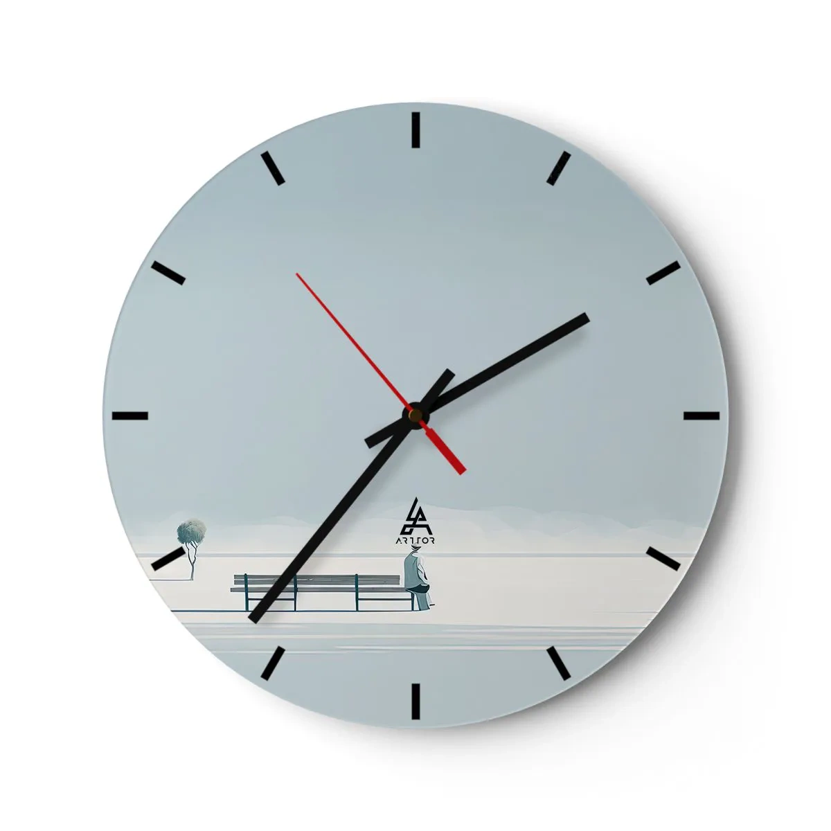 Wall clock - Clock on glass - A lone figure sits on a bench in a winter landscape. - 30x30cm - Yes, I Am Waiting - Modern wall decoration for the living room, kitchen, and bedroom ARTTOR