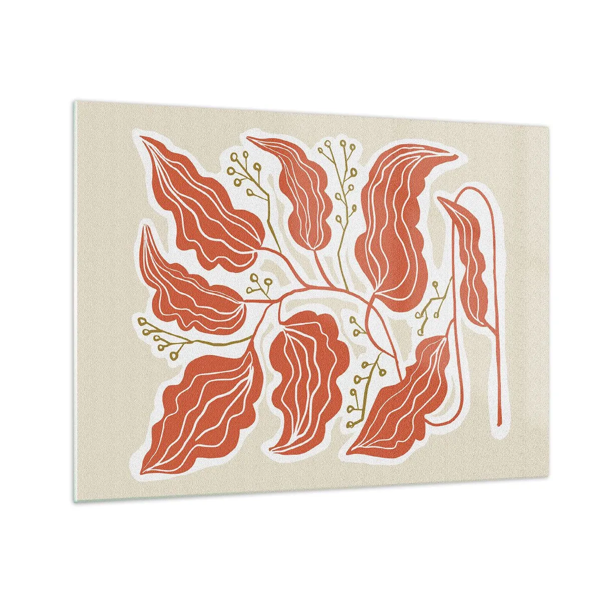 Glass picture - Coral leaves with a folk pattern on a light background - 70x50cm - Folk and Coral - Modern wall decoration for the living room and bedroom ARTTOR