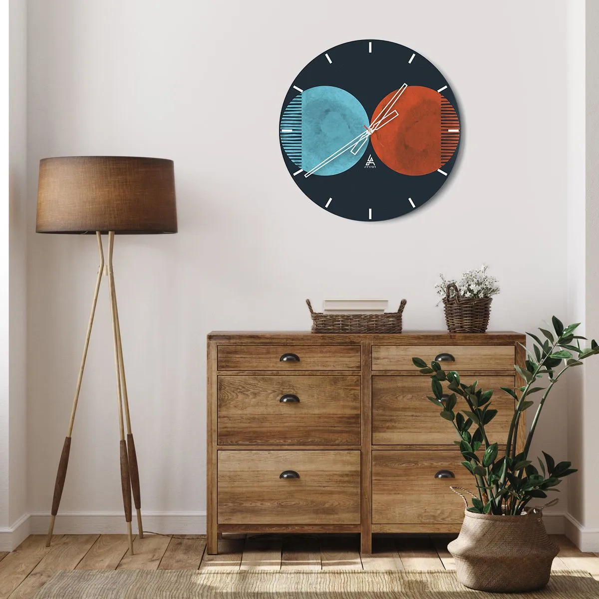 Wall clock - Clock on glass - A combination of blue and red circles with geometric lines - 30x30cm - Only Geometry? - Modern wall decoration for the living room, kitchen, and bedroom ARTTOR