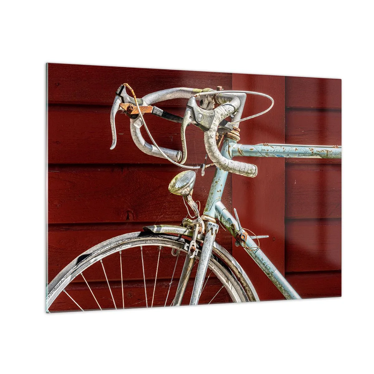 Glass picture - An old road bike from the 1970s against a red wooden wall - 70x50cm - Born for Victories - Modern wall decoration for the living room and bedroom ARTTOR