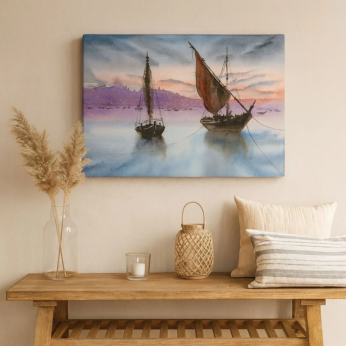 Canvas picture - Two sailing ships moored on calm water at dusk - 70x50cm - Evening at the Port - Modern wall decoration for the living room and bedroom ARTTOR