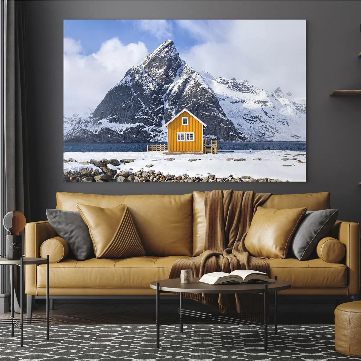 Glass picture - A yellow cottage on a fjord with snow-capped mountains in the background - 70x50cm - Scandinavian Holiday - Modern wall decoration for the living room and bedroom ARTTOR