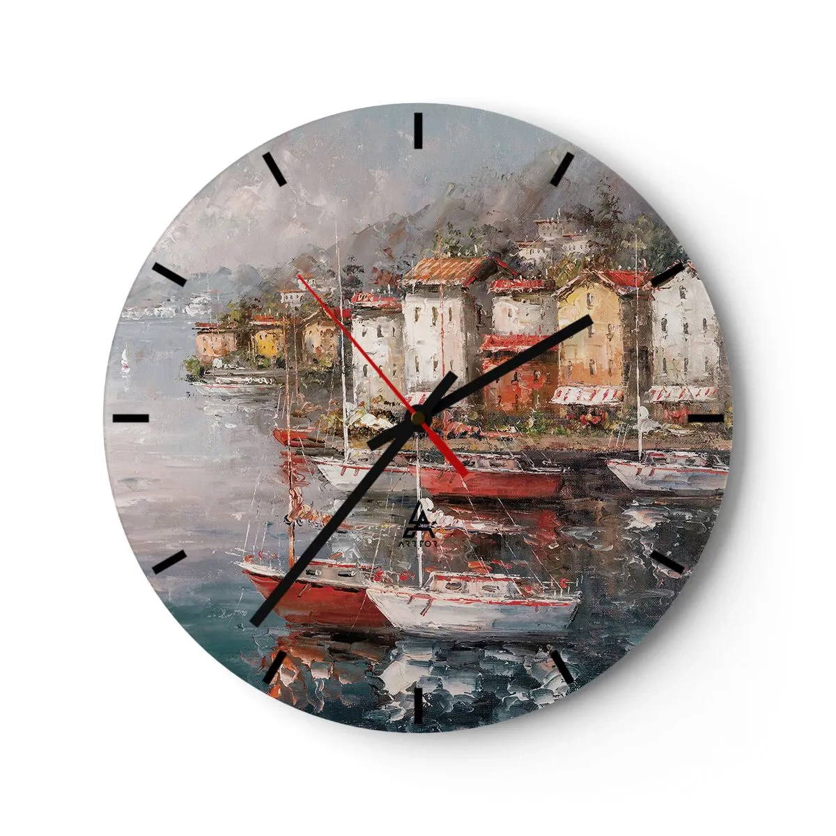 Wall clock - Clock on glass - A picturesque port with sailboats and coastal buildings - 30x30cm - Romantic Marina - Modern wall decoration for the living room, kitchen, and bedroom ARTTOR
