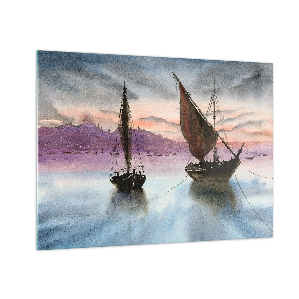 Glass picture - Two sailboats on calm water at sunset - 70x50cm - Evening at the Port - Modern wall decoration for the living room and bedroom ARTTOR