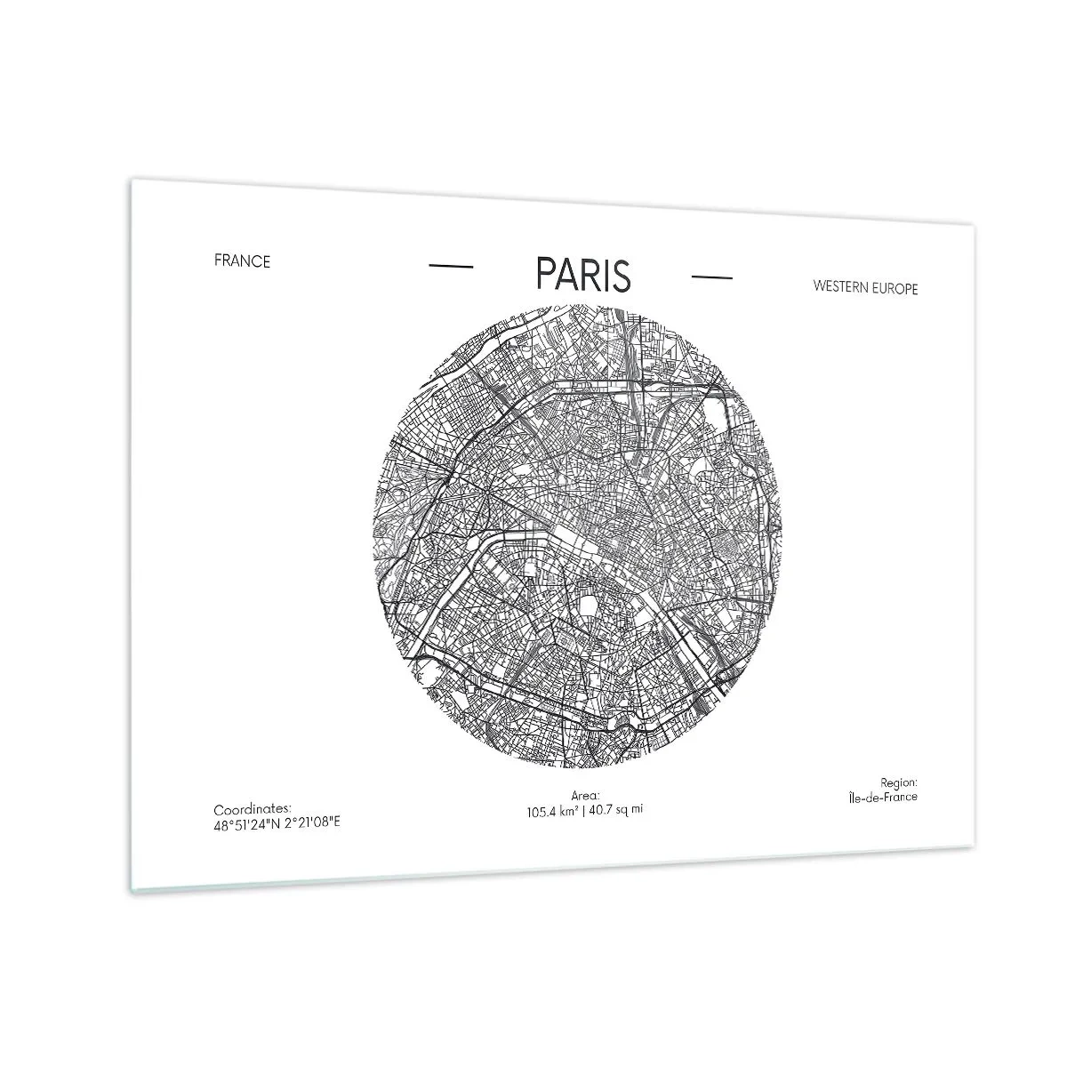 Glass picture - A circular map of Paris in black and white illustration - 70x50cm - Anatomy of Paris - Modern wall decoration for the living room and bedroom ARTTOR