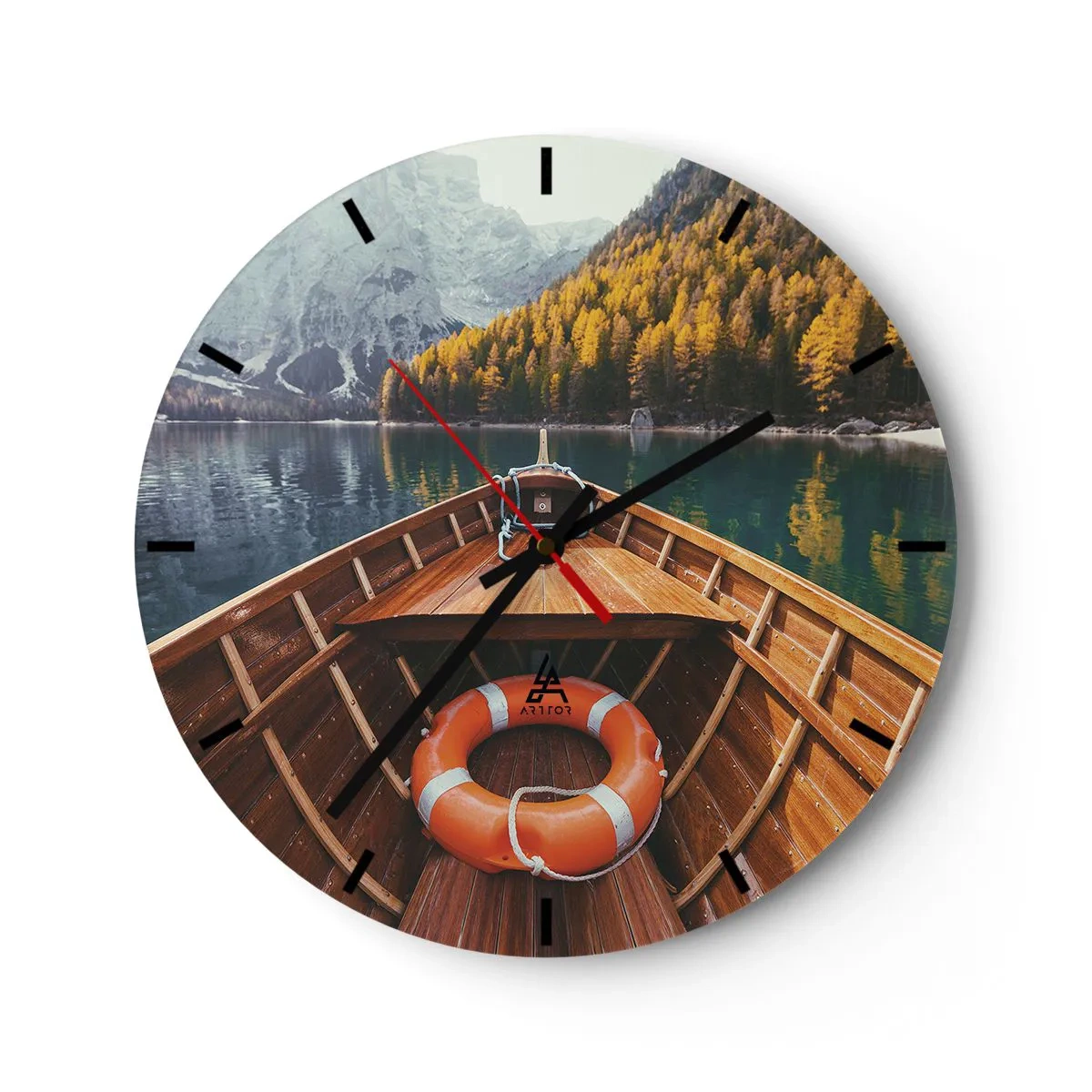 Wall clock - Clock on glass - View from the boat of a lake surrounded by mountains and forest - 30x30cm - Mountain Hike - Modern wall decoration for the living room, kitchen, and bedroom ARTTOR