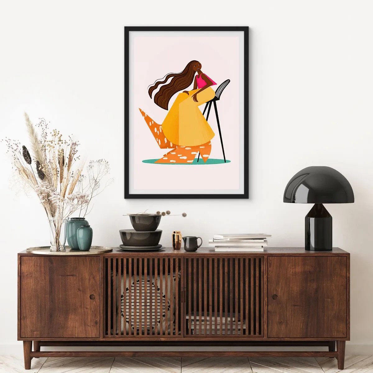 Poster in black frame - A stylized female figure in warm colors against an abstract background. - 50x70cm - Fashion Is Also Fun - Modern wall decoration for the living room and bedroom ARTTOR