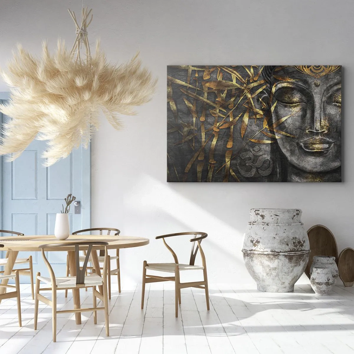 Canvas picture - Zen Buddha image with golden bamboos - 70x50cm - Feel the Peace - Modern wall decoration for the living room and bedroom ARTTOR