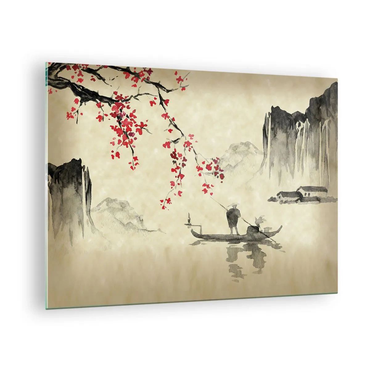 Glass picture - Oriental fishing scene with cherry blossom branch and mountains - 70x50cm - In Cherry Blossom Country - Modern wall decoration for the living room and bedroom ARTTOR
