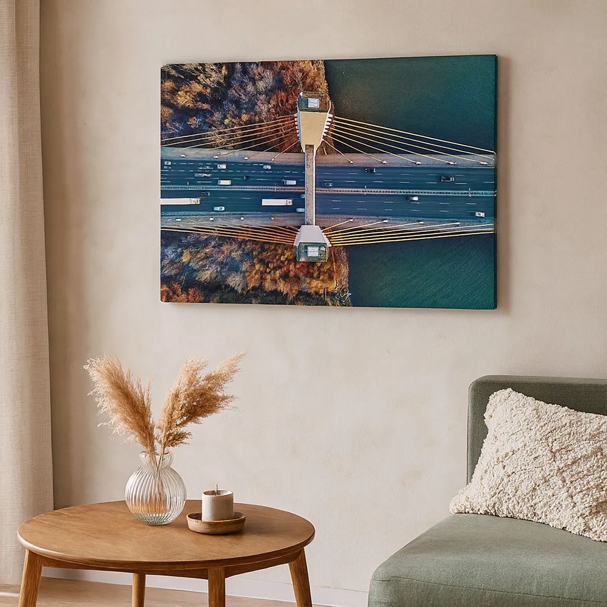 Canvas picture - Aerial view of the bridge over the river and the autumn landscape - 70x50cm - Behind Seas and Oceans - Modern wall decoration for the living room and bedroom ARTTOR