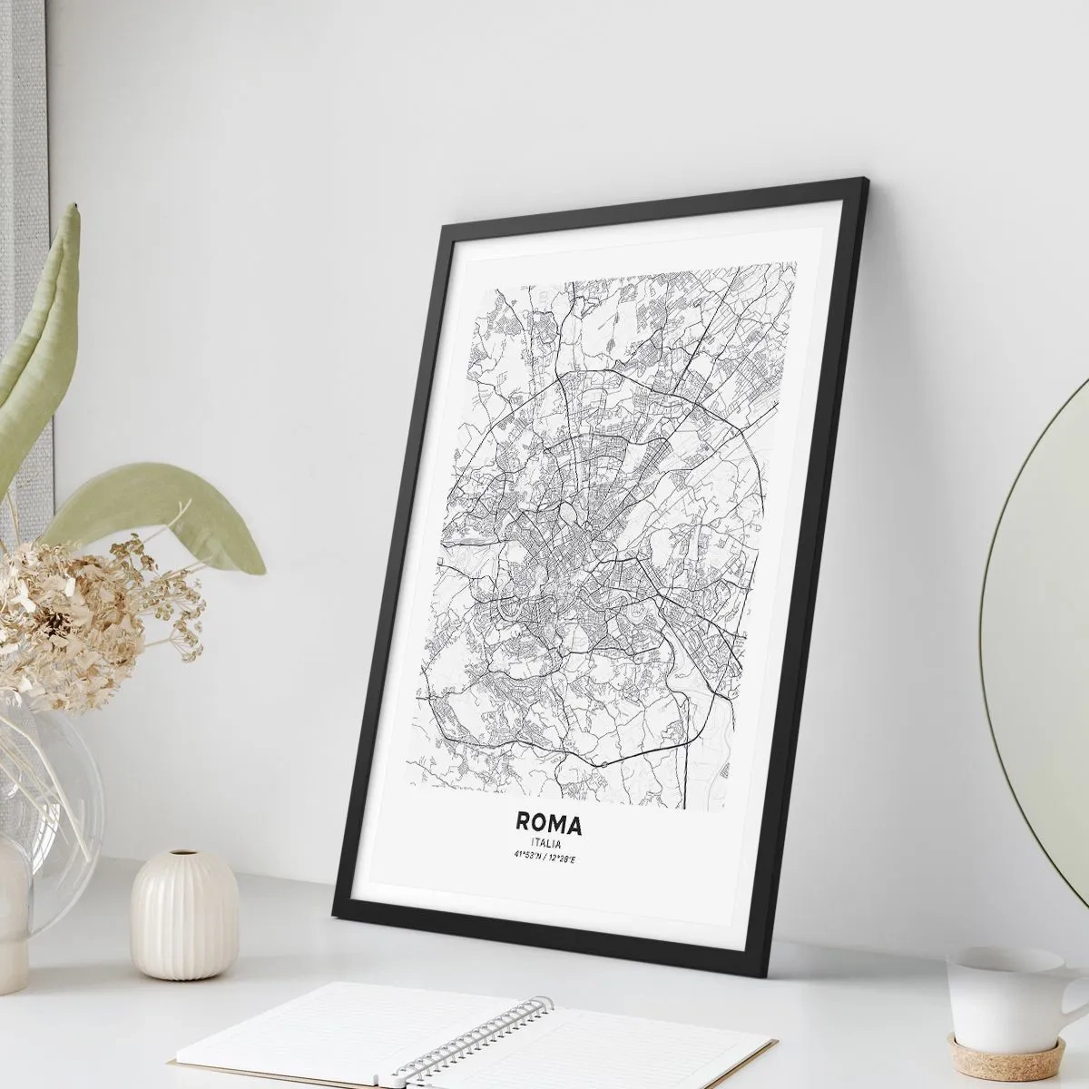 Poster in black frame - Black and white map of Rome with detailed streets and monuments - 50x70cm - Roman Circle - Modern wall decoration for the living room and bedroom ARTTOR