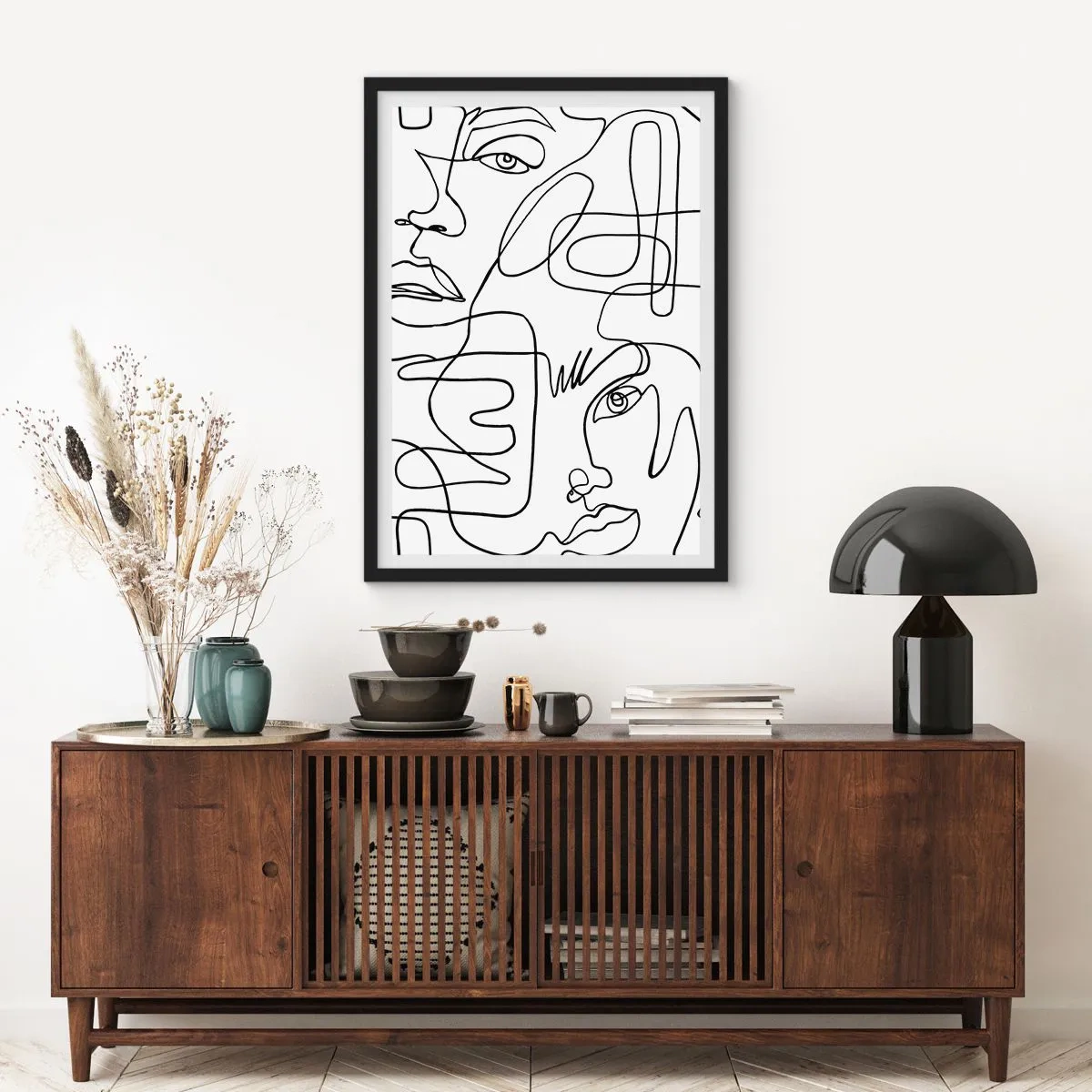 Poster in black frame - Abstract faces drawn with one line - 50x70cm - Tangled up in Emotions - Modern wall decoration for the living room and bedroom ARTTOR