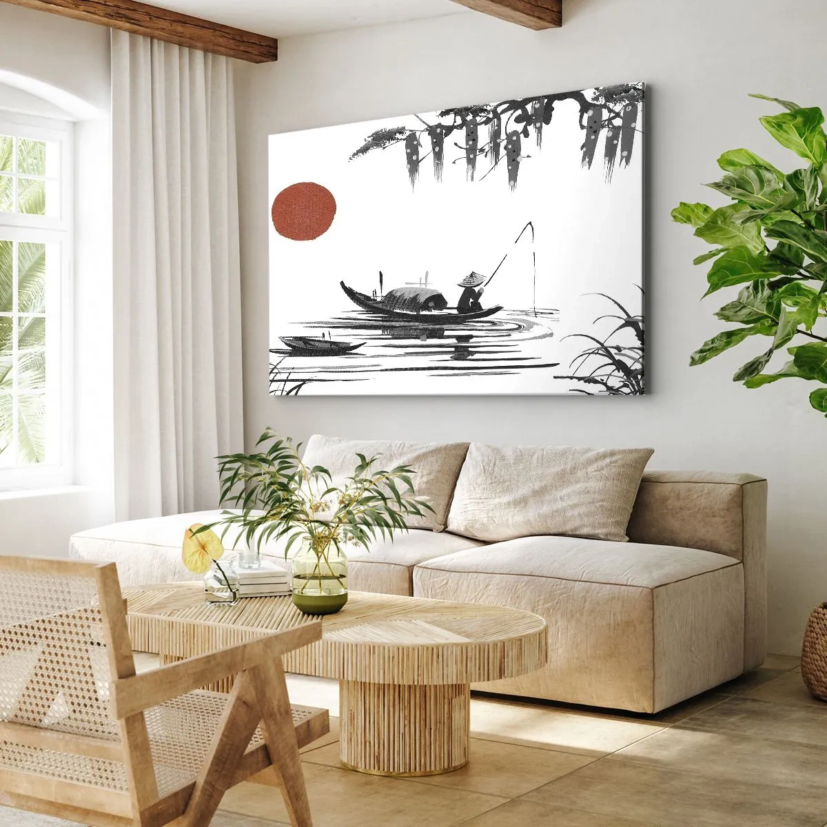 Canvas picture - Oriental landscape with a fisherman on a boat and a red sun - 70x50cm - Asian Afternoon - Modern wall decoration for the living room and bedroom ARTTOR