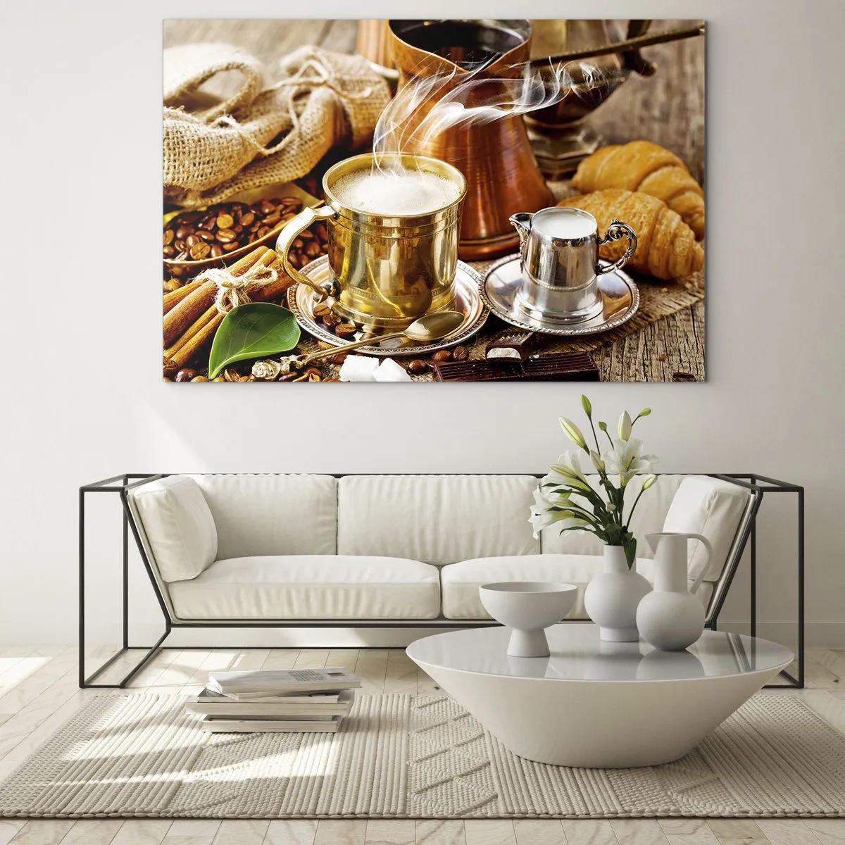 Glass picture - A golden mug of coffee with milk surrounded by grains and croissants - 70x50cm - Have a Nice Day! - Modern wall decoration for the living room and bedroom ARTTOR