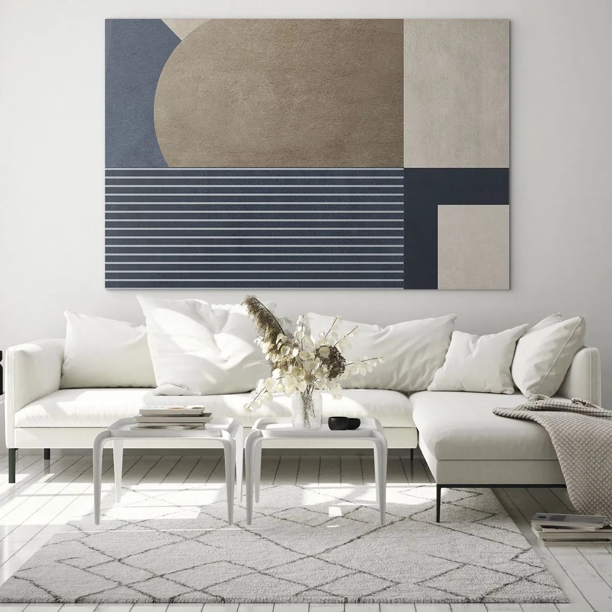 Glass picture - A minimalist form with a circle and lines in beige - 70x50cm - Composition of Simplicity and Curvature - Modern wall decoration for the living room and bedroom ARTTOR