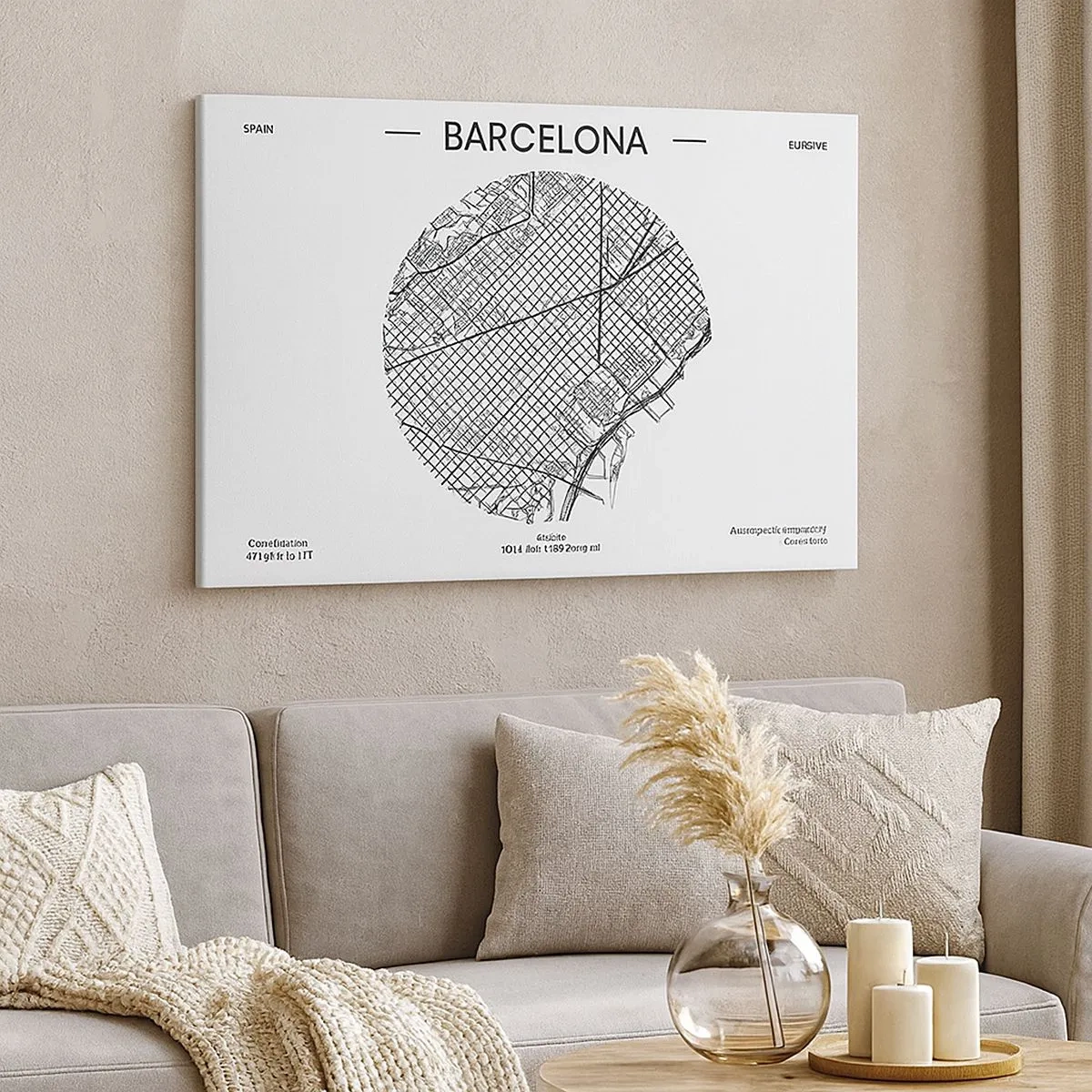 Canvas picture - A map of Barcelona in a minimalist black and white style - 70x50cm - Anatomy of Barcelona - Modern wall decoration for the living room and bedroom ARTTOR