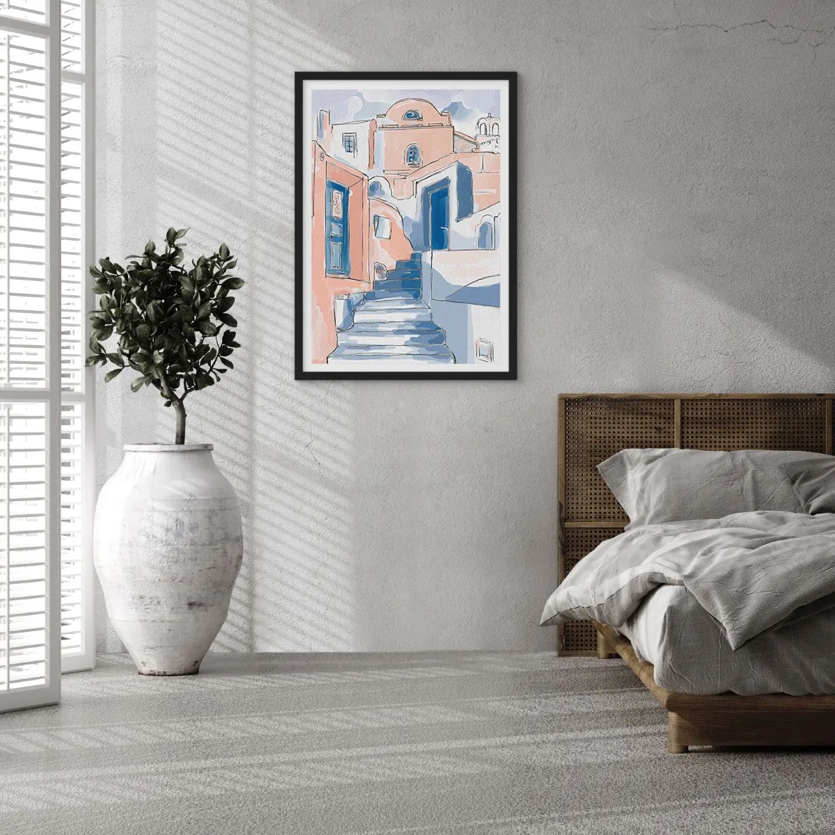 Poster in black frame - A picturesque Mediterranean-style street in shades of blue - 50x70cm - Exotic City - Modern wall decoration for the living room and bedroom ARTTOR