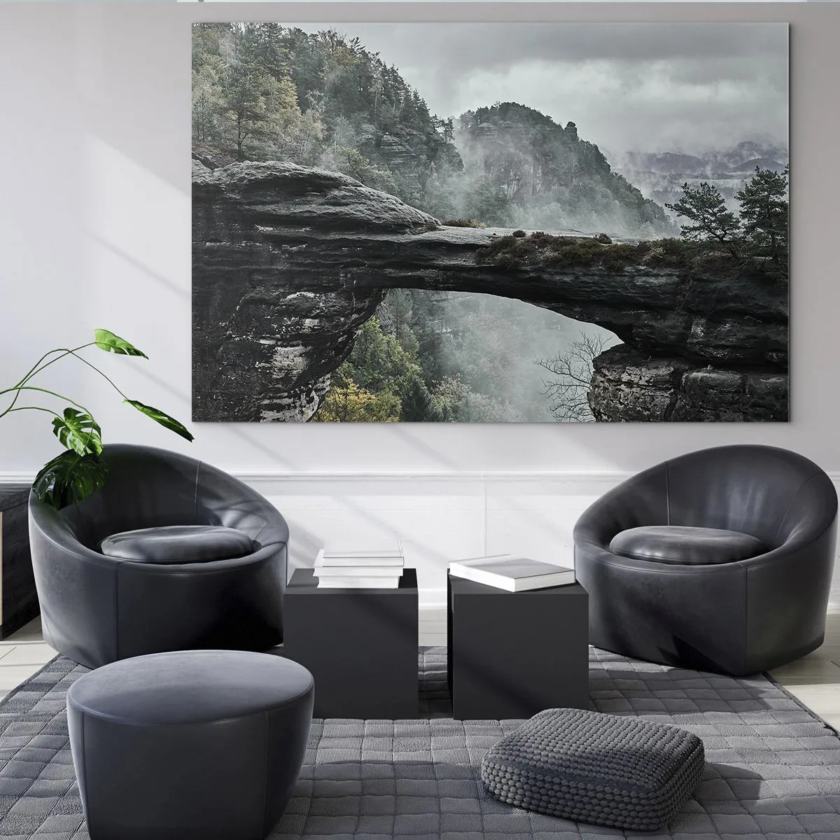 Glass picture - A stone bridge among misty mountains and a forest landscape - 70x50cm - Adventure Is About to Start - Modern wall decoration for the living room and bedroom ARTTOR