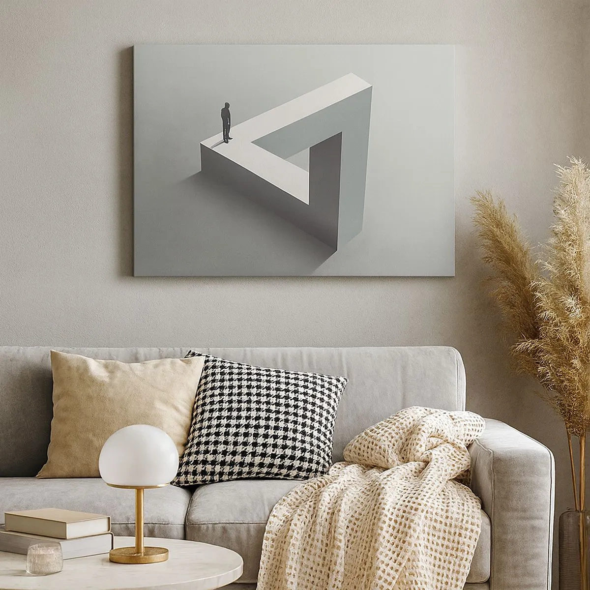 Canvas picture - A figure standing on a Penrose triangle in shades of gray. - 70x50cm - And Yet It Is Possible - Modern wall decoration for the living room and bedroom ARTTOR
