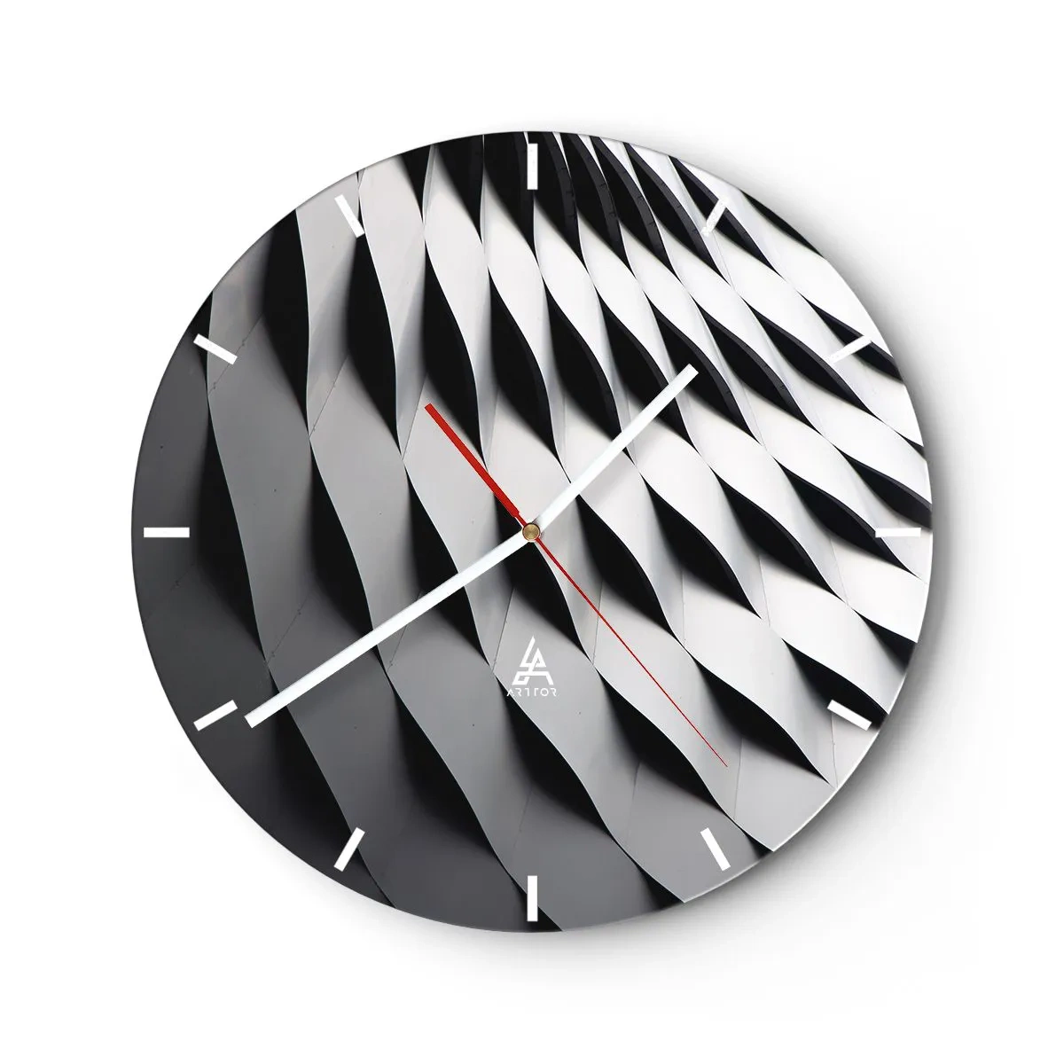 Wall clock - Clock on glass - Black and white wavy architectural structure pattern - 30x30cm - On the Surface of the Wave - Modern wall decoration for the living room, kitchen, and bedroom ARTTOR