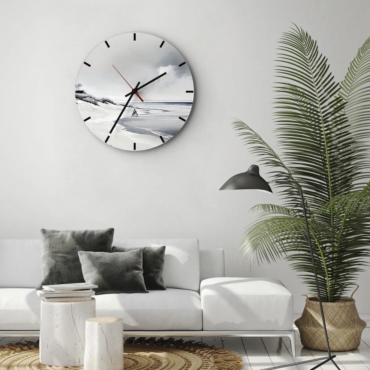 Wall clock - Clock on glass - A minimalist beach landscape with dunes and a cloudy sky. - 30x30cm - Always Together - Modern wall decoration for the living room, kitchen, and bedroom ARTTOR