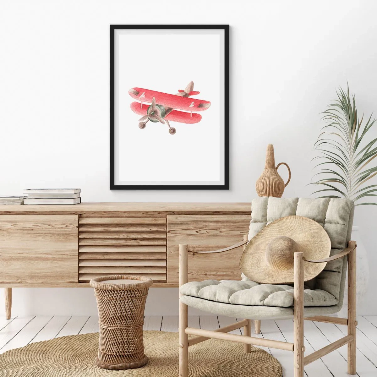 Poster in black frame - A charming red retro biplane - 50x70cm - Ready for High Flghts - Modern wall decoration for the living room and bedroom ARTTOR