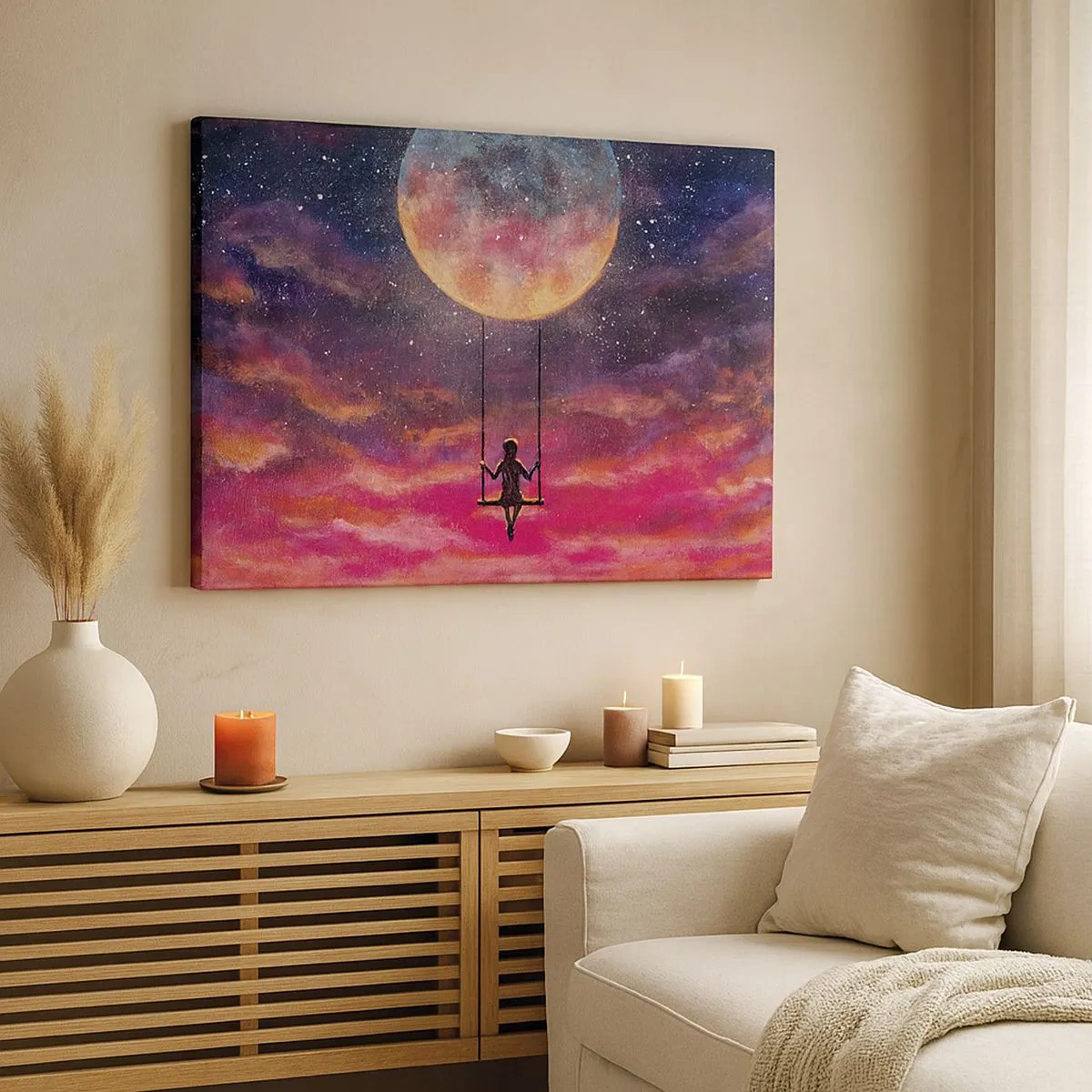 Canvas picture - A figure on a swing suspended against the moon - 70x50cm - Swinging in the Clouds - Modern wall decoration for the living room and bedroom ARTTOR