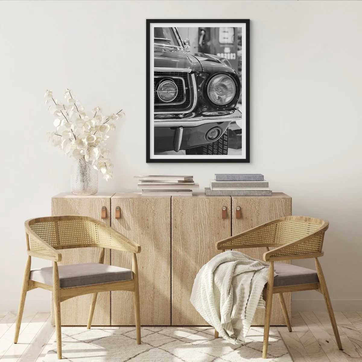 Poster in black frame - Black and white close-up of the front of a classic car - 50x70cm - Rough Ride - Modern wall decoration for the living room and bedroom ARTTOR