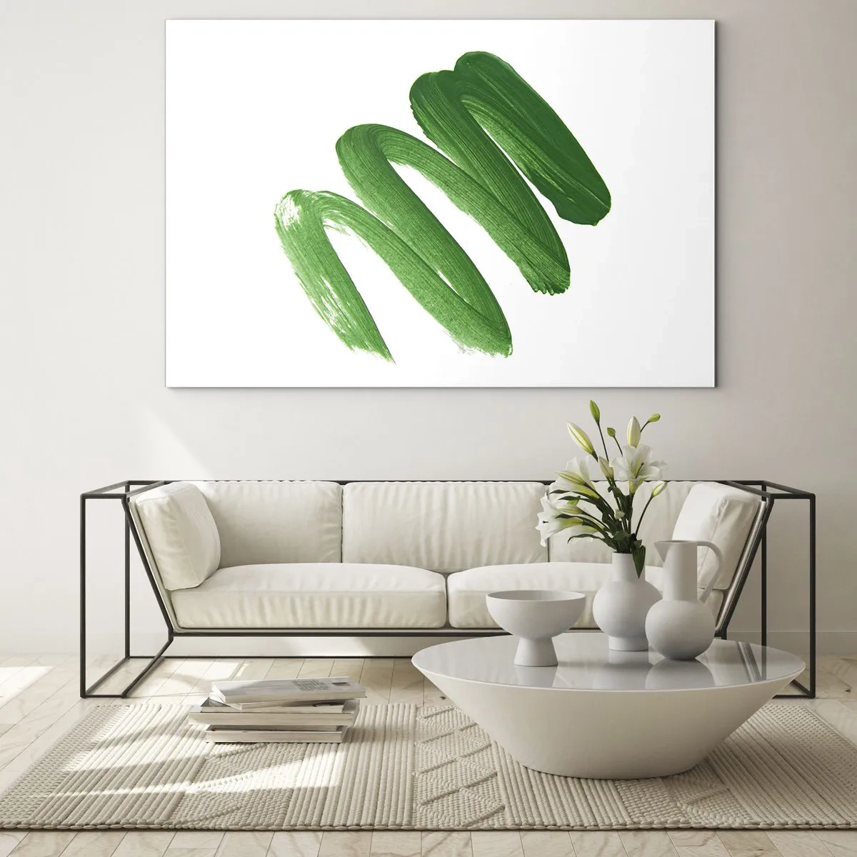 Glass picture - Dynamic green brush stroke on white background - 70x50cm - Green Joke - Modern wall decoration for the living room and bedroom ARTTOR