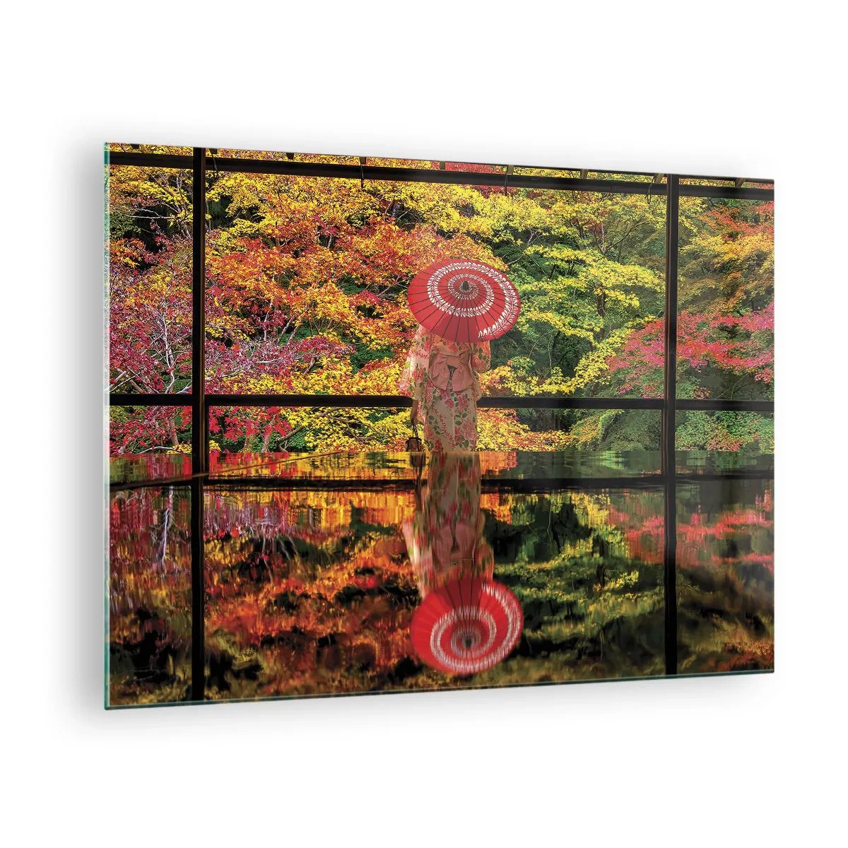 Glass picture - A woman in a kimono with an umbrella against an autumn landscape, reflected in the water. - 70x50cm - In a Temple of Nature - Modern wall decoration for the living room and bedroom ARTTOR