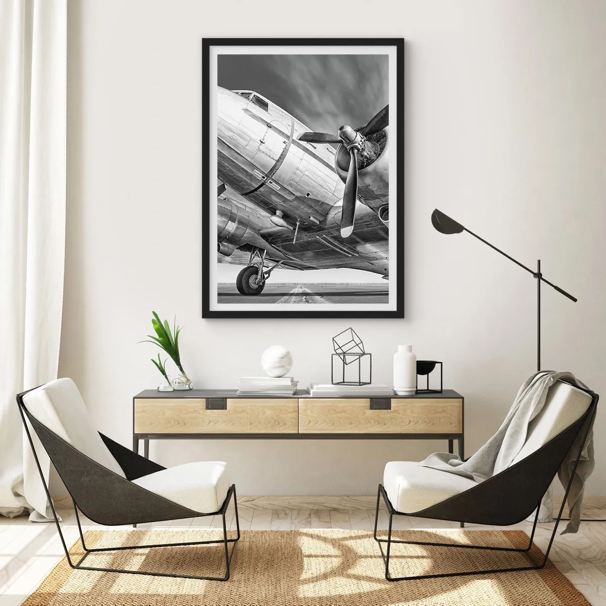 Poster in black frame - A close-up black and white shot of a classic airplane. - 50x70cm - Always Ready to Fly - Modern wall decoration for the living room and bedroom ARTTOR